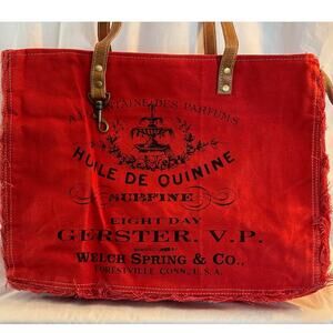 NWOT Red Canvas Tote Shoulder Bag Lined Leather Trim Removable Strap Graphics